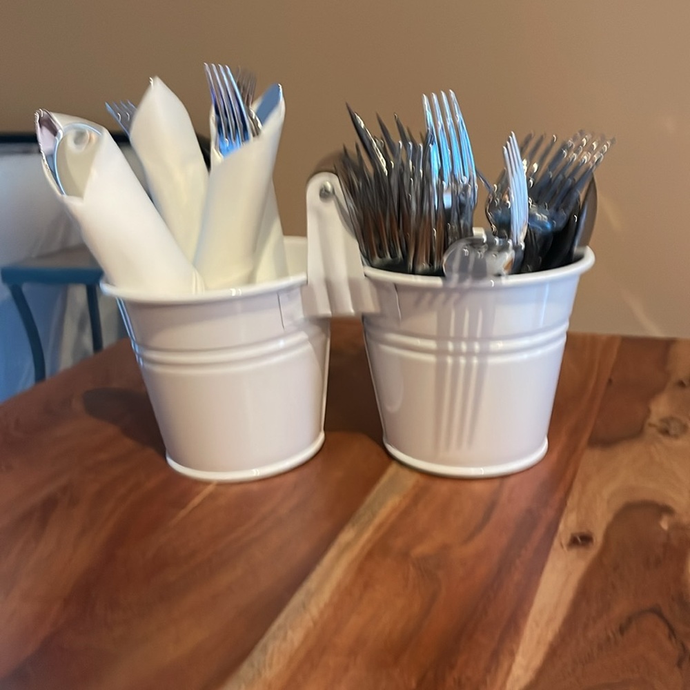 White Tabletop Utensil or Condiment Holder Caddy 2 Sides w Handle